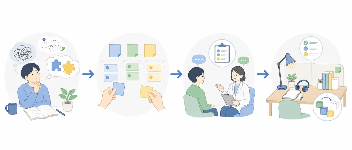 困りごとの整理から専門相談、環境調整までの流れを示すイラスト