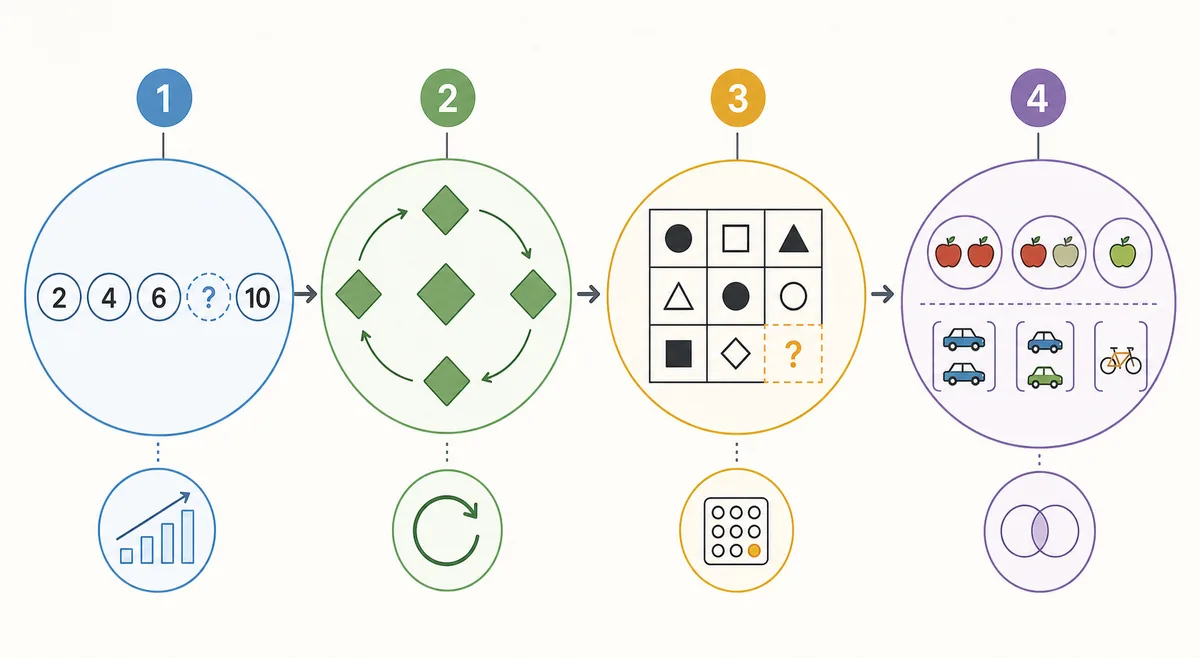 IQテストの数列・図形回転・マトリックス・分類問題の種類を示すイラスト