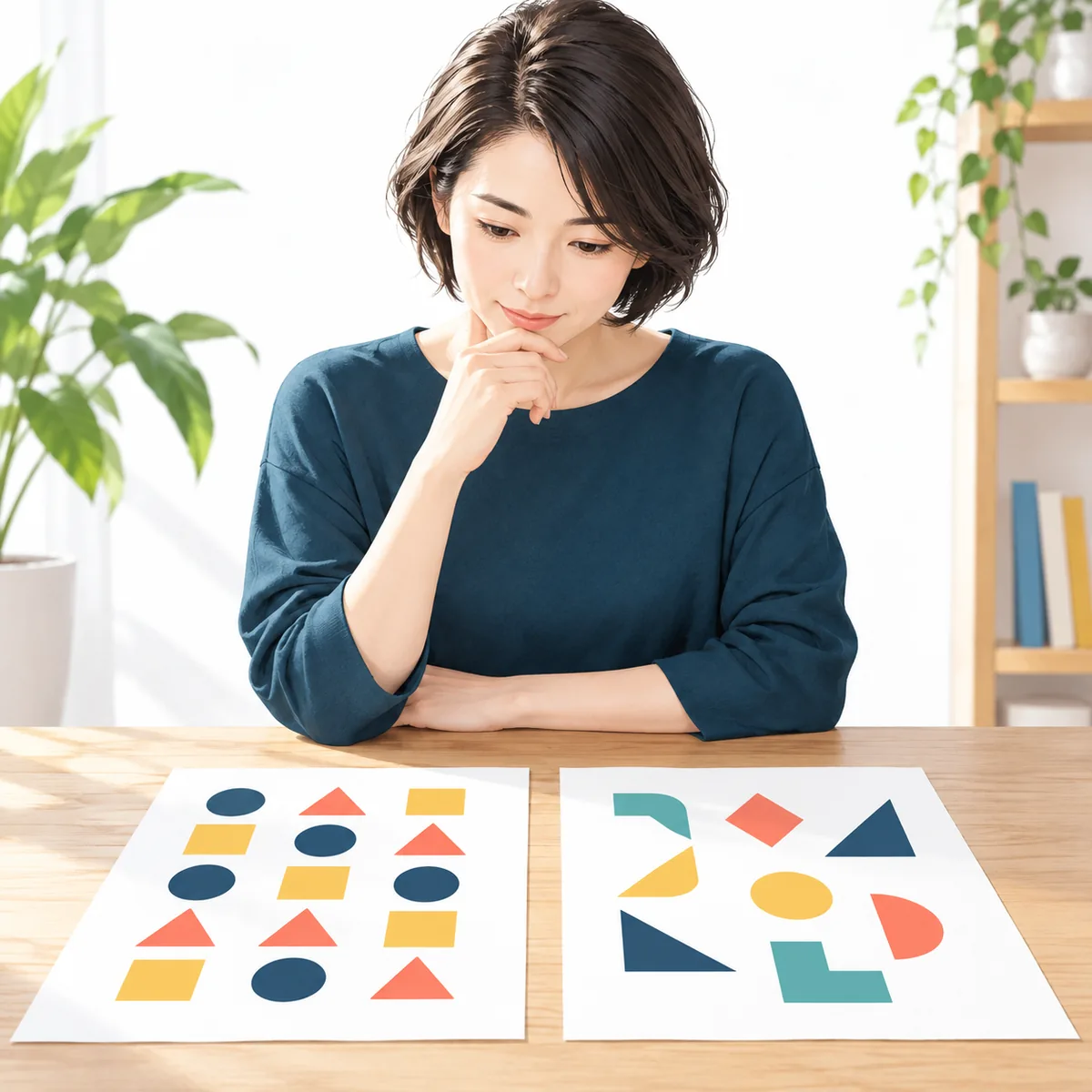 IQ形式の図形問題を初見と再度の用紙で見比べる人の編集イラスト