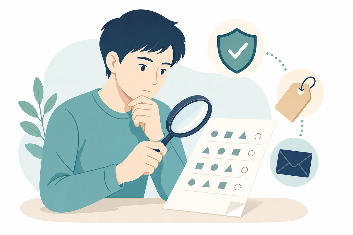 オンラインIQテストの問題用紙を虫眼鏡で確認し、信頼性や料金条件を見極めるイラスト