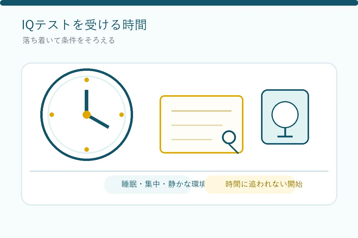 IQテストを受ける時間と睡眠・集中・静かな環境の条件を示す編集型イラスト